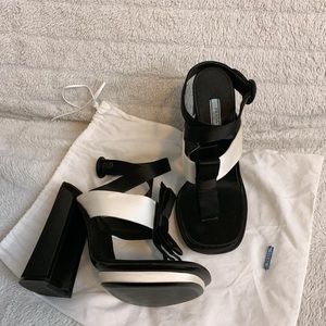Authentic Black and White Silk PRADA heels With Bow , Pre-Owned Size 40
